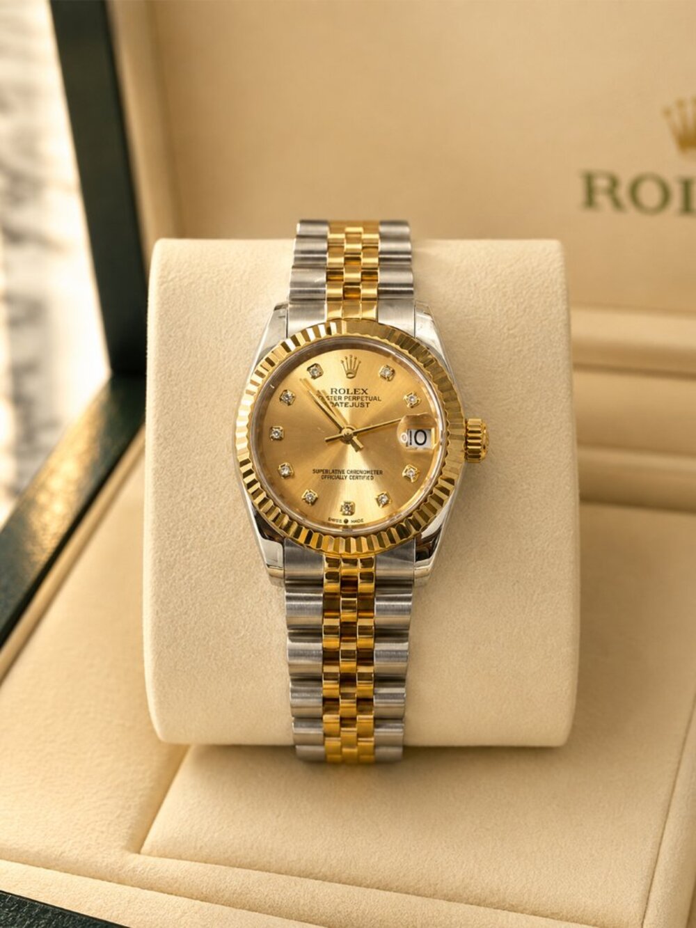 Two Tone 36mm Watch Gold Silver Champagne Dial Crystal Hour Markers